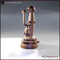 Digital render of Mysterious Clockwork Device 02 — a tall cylindrical steampunk scatter terrain piece with a curved pipe arm, dome-capped protrusions, segmented collar rings, and a wide riveted gear base, shown in unpainted copper-toned resin from a three-quarter front angle.