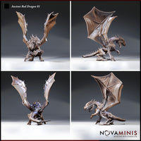 Ancient Red Dragon by Novaminis shown from four angles: wings fully raised overhead, crouching low with tail extended, rear view of spine ridges, and a side view of open jaws and taloned feet.