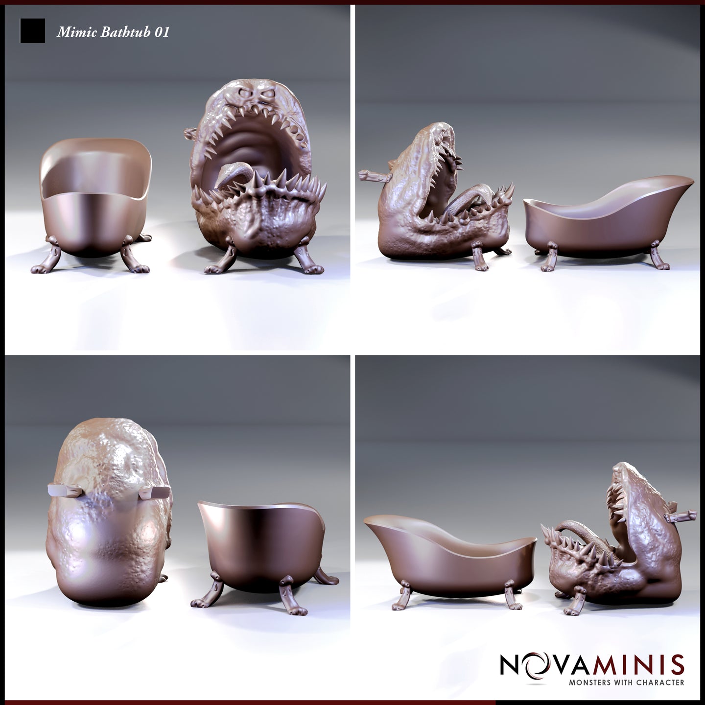 Mimic Bathtub by Novaminis shown from four angles: closed smooth tub with dainty feet, rear of revealed creature showing lumpy skin texture, and side views displaying the gaping fanged maw and muscular tongue.