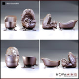 Mimic Bathtub by Novaminis shown from four angles: closed smooth tub with dainty feet, rear of revealed creature showing lumpy skin texture, and side views displaying the gaping fanged maw and muscular tongue.