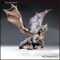 Ancient Blue Dragon by Novaminis — muscular dragon crouched low, wings spread wide, jaws open in a roar, heavy scale plating across the body, barbed wing spurs, multi-pronged horns swept back from the brow.