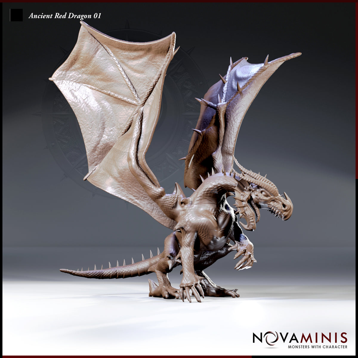Ancient Red Dragon miniature by Novaminis, rearing upright with enormous wings spread wide, jaws open in a roar, heavy taloned forelegs braced, spine-ridged back covered in sharp spines.