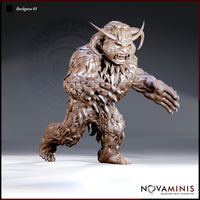 Barlgura demon miniature by Novaminis — broad ape-like body covered in shaggy layered fur and feathers, arms spread wide with long claws, snarling horned face with heavy brow and bared teeth.