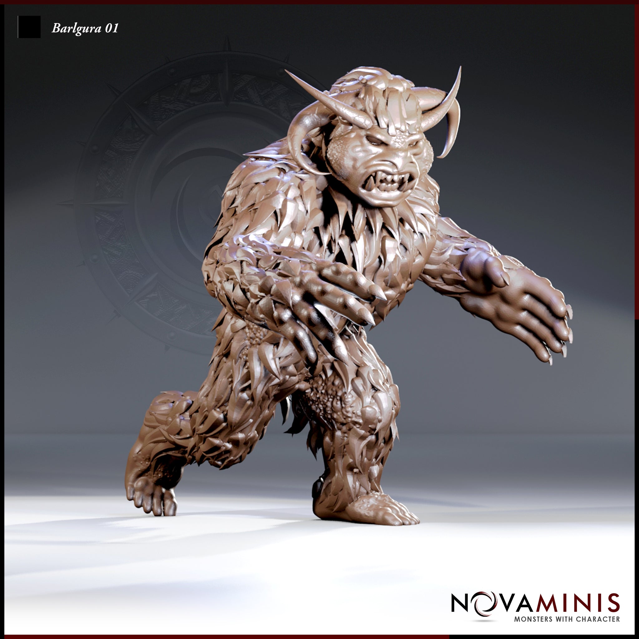Barlgura demon miniature by Novaminis — broad ape-like body covered in shaggy layered fur and feathers, arms spread wide with long claws, snarling horned face with heavy brow and bared teeth.