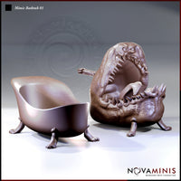 Mimic Bathtub by Novaminis: closed tub form beside the revealed form — wide open jaws, rows of jagged overlapping teeth, curling tongue, and small clawed feet beneath both sculpts.