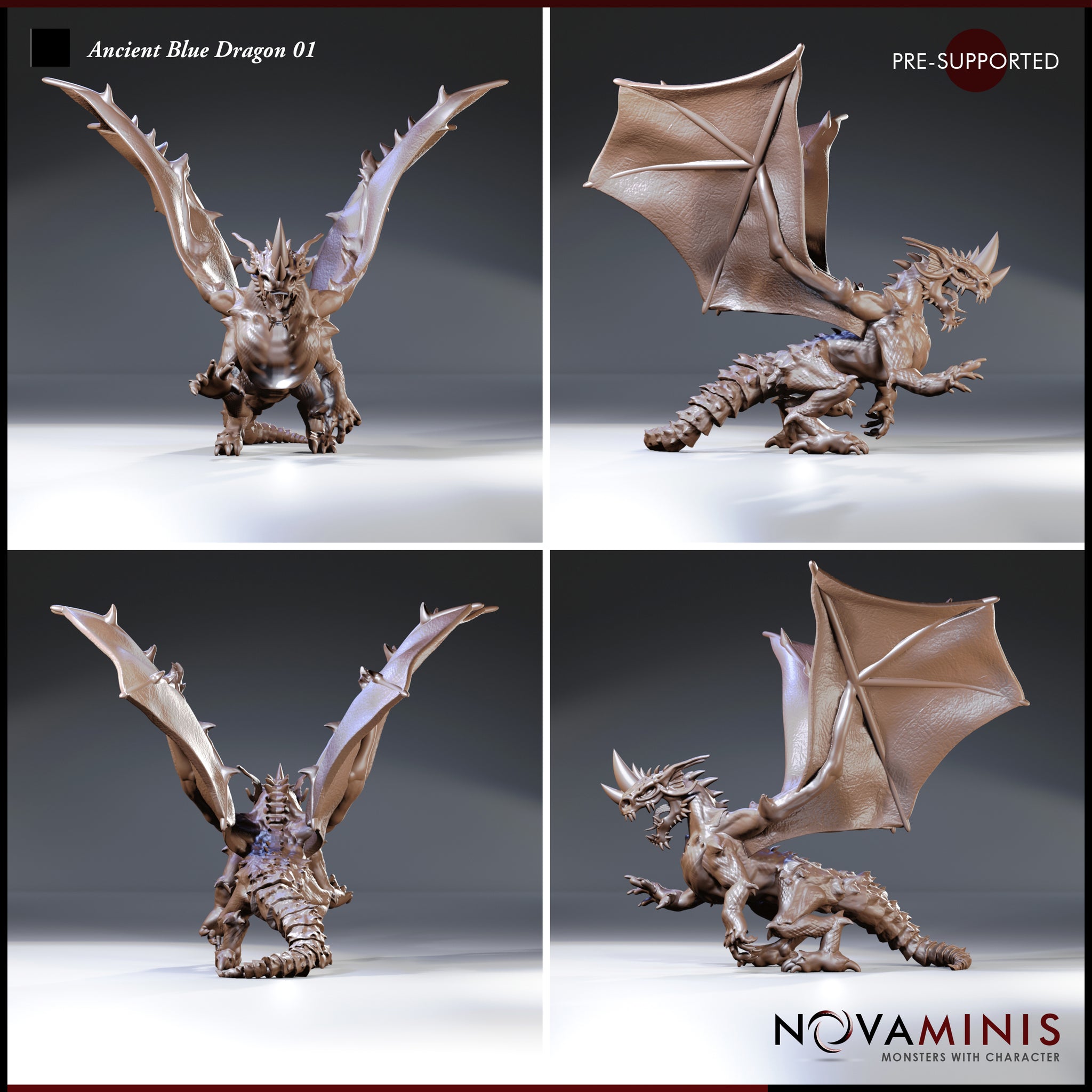 Ancient Blue Dragon by Novaminis — four angles showing the creature's spine-ridged tail, leathery wing membranes with visible bone struts, broad armoured chest, and snarling horned head tilted upward.