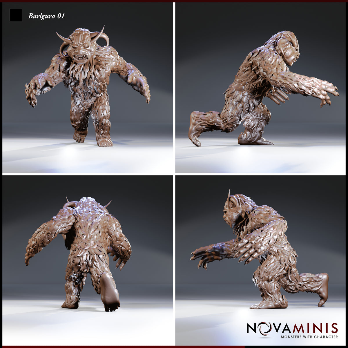 Barlgura by Novaminis shown from four angles — revealing the ragged feathered texture across its back, hunched charging stance, swept-back horns, and splayed clawed hands reaching forward.