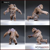 Barlgura by Novaminis shown from four angles — revealing the ragged feathered texture across its back, hunched charging stance, swept-back horns, and splayed clawed hands reaching forward.