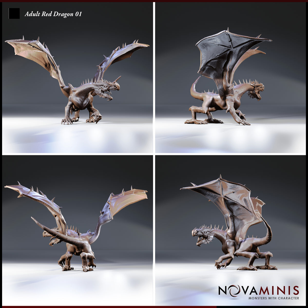 Adult Red Dragon by Novaminis — shown from four angles: head lowered with neck extended, rear showing swept-back horns and tail, side profile with wing raised, and three-quarter rear with leathery wing membranes and scaled haunches clearly visible.