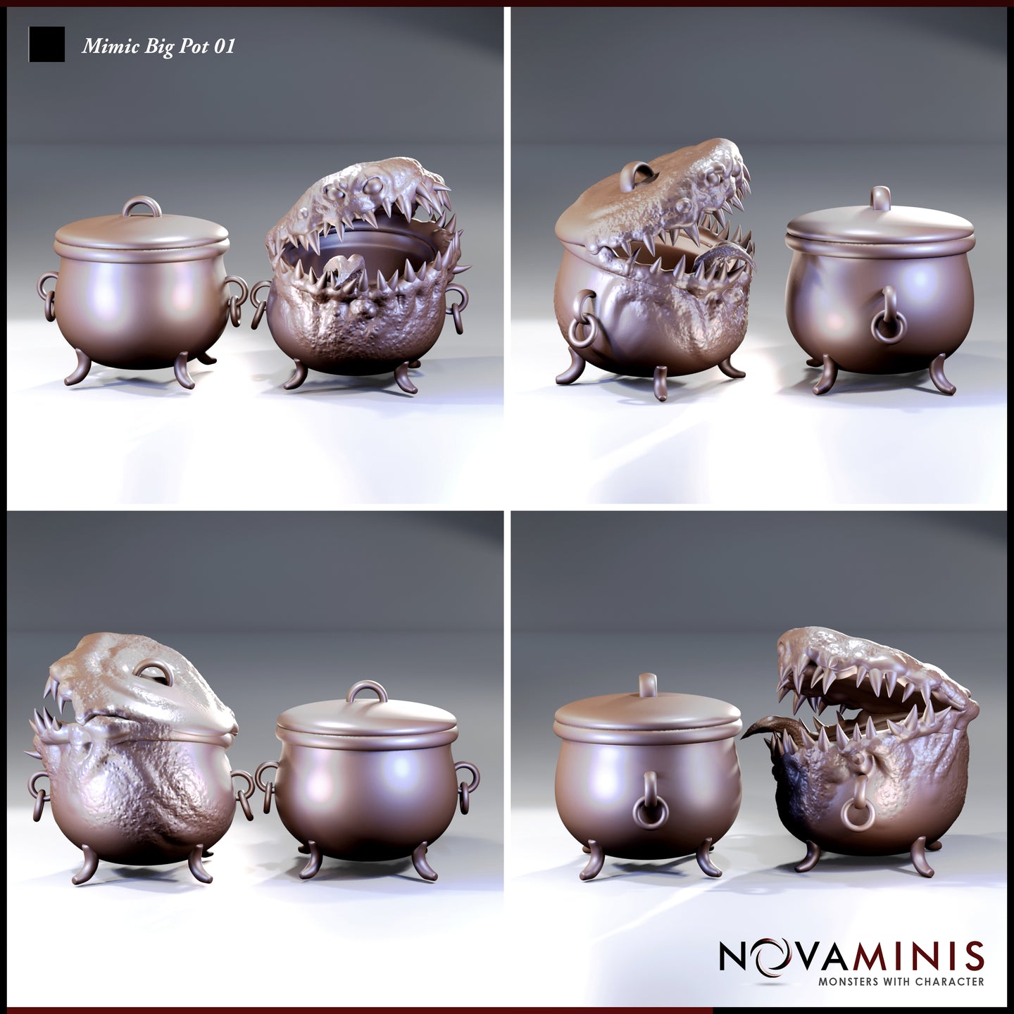 Novaminis Mimic Big Pot 01 — four-angle render grid showing the hidden pot and revealed biting mimic from multiple viewpoints, highlighting the wide jaw, irregular fangs, warty hide, and looped side handles.