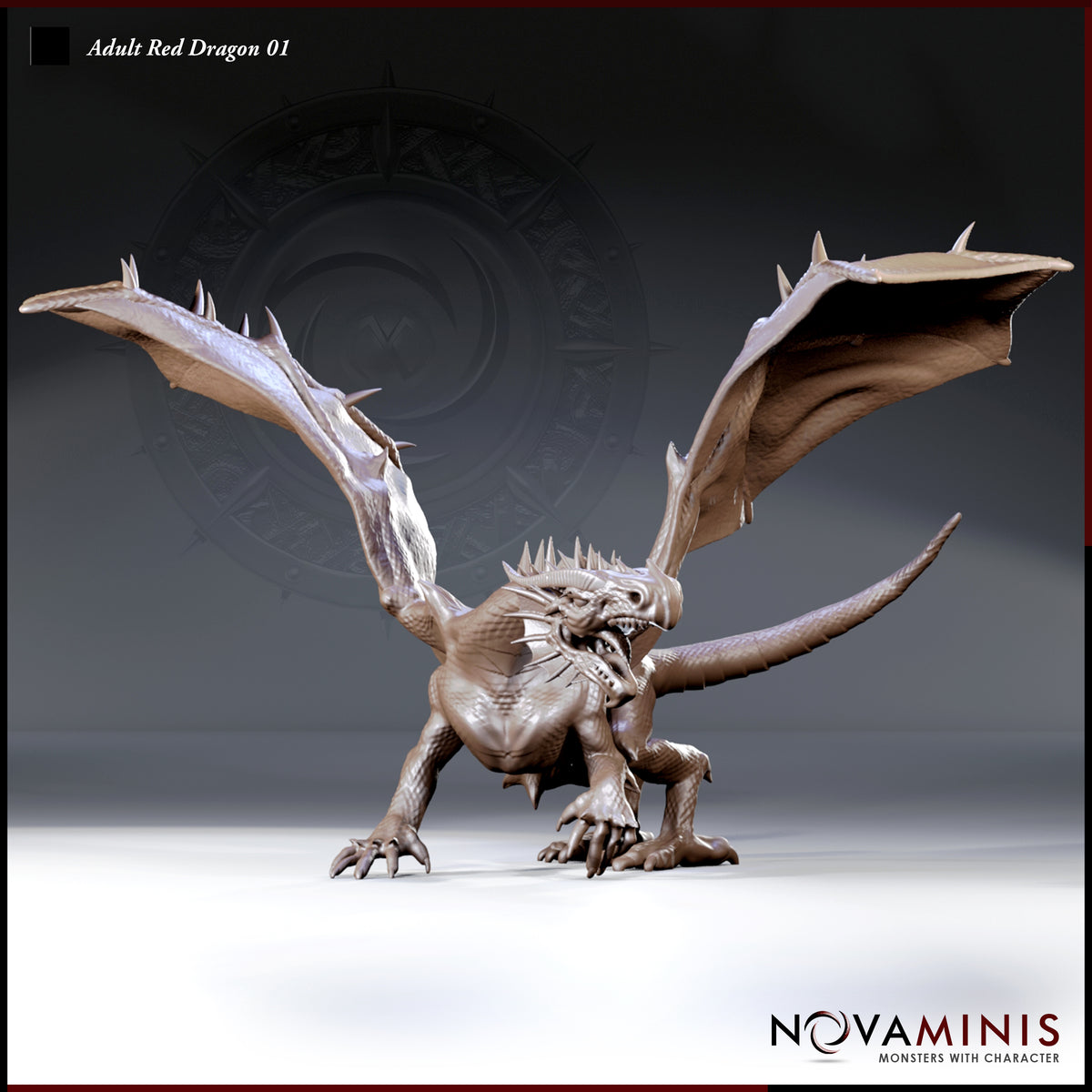 Adult Red Dragon by Novaminis — crouched low with wings spread wide, jaws open and clawed forelegs braced apart, dorsal spines running from neck to whip-like tail, multipart sculpt.