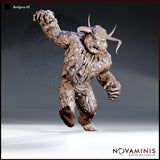 Barlgura demon raising one clawed arm overhead, shaggy layered fur covering its body, snarling face with curved horns, leaning forward mid-charge on one foot. Sculpt by Novaminis.