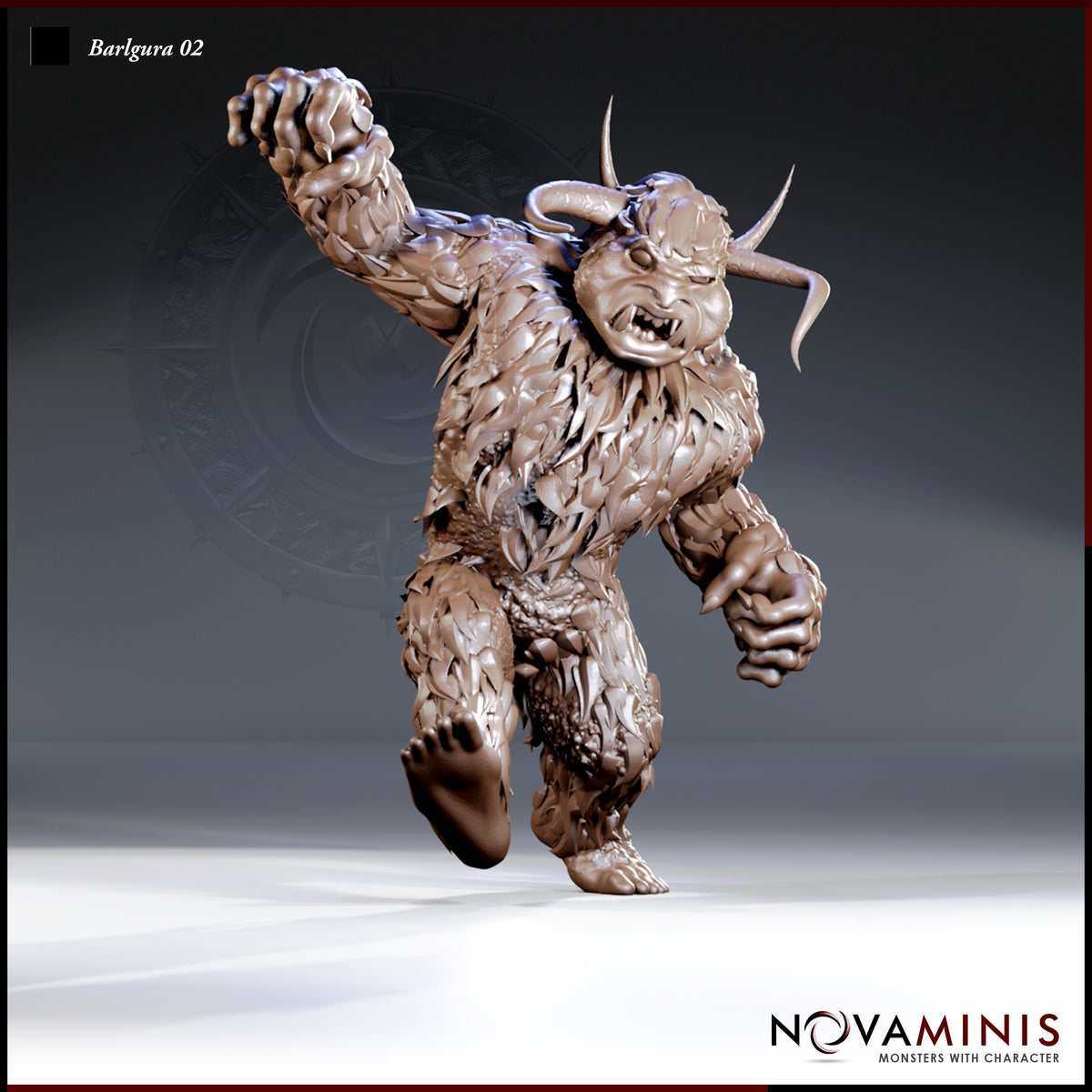 Barlgura demon raising one clawed arm overhead, shaggy layered fur covering its body, snarling face with curved horns, leaning forward mid-charge on one foot. Sculpt by Novaminis.
