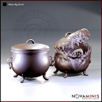 Novaminis Mimic Big Pot 01 — two sculpts side by side: a plain iron cauldron with a domed lid and loop handles, and an open-jawed mimic cauldron with jagged teeth and a visible tongue, both on claw feet.