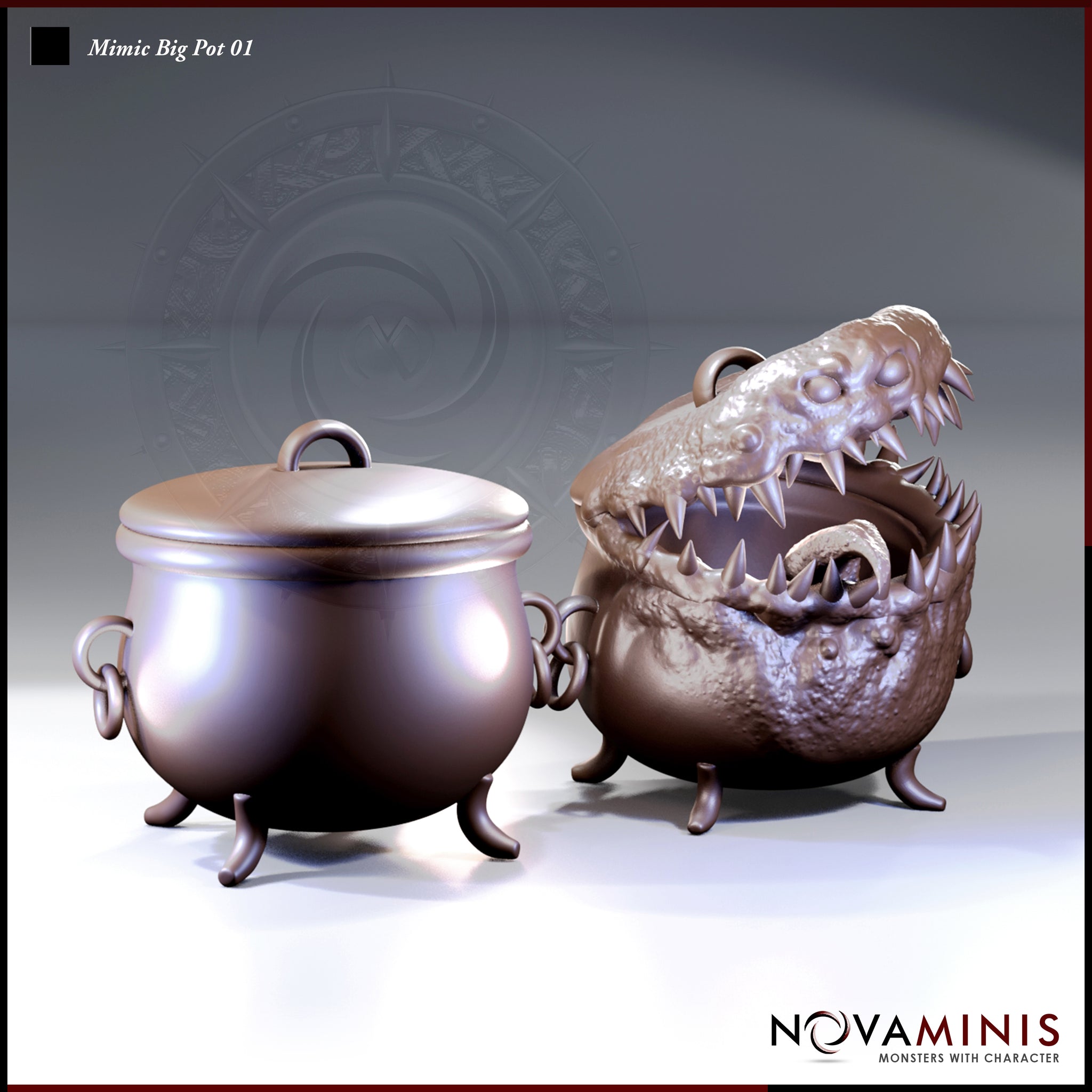 Novaminis Mimic Big Pot 01 — two sculpts side by side: a plain iron cauldron with a domed lid and loop handles, and an open-jawed mimic cauldron with jagged teeth and a visible tongue, both on claw feet.