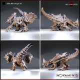 Adult Blue Dragon 01 by Novaminis shown from multiple angles: four views revealing the raised tail with segmented spines, folded wing membranes, heavily plated underbelly, and deeply recessed skull-like facial detail.