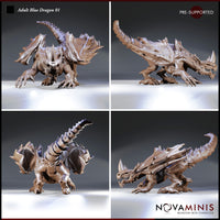 Adult Blue Dragon 01 by Novaminis shown from multiple angles: four views revealing the raised tail with segmented spines, folded wing membranes, heavily plated underbelly, and deeply recessed skull-like facial detail.