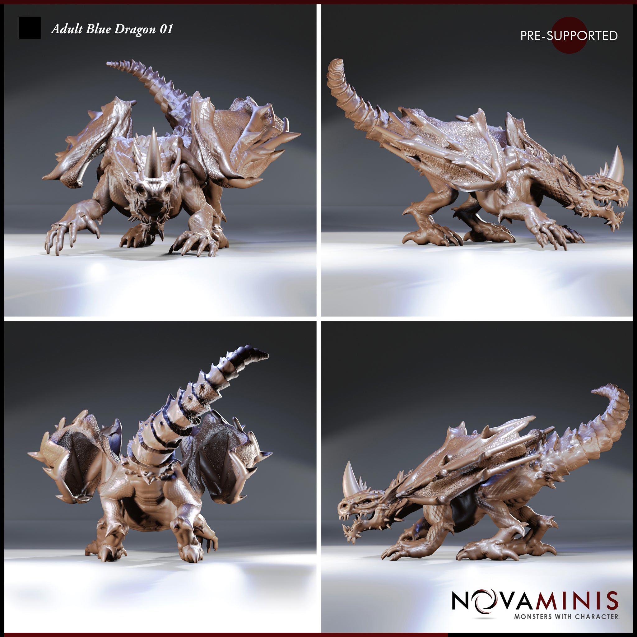 Adult Blue Dragon 01 by Novaminis shown from multiple angles: four views revealing the raised tail with segmented spines, folded wing membranes, heavily plated underbelly, and deeply recessed skull-like facial detail.