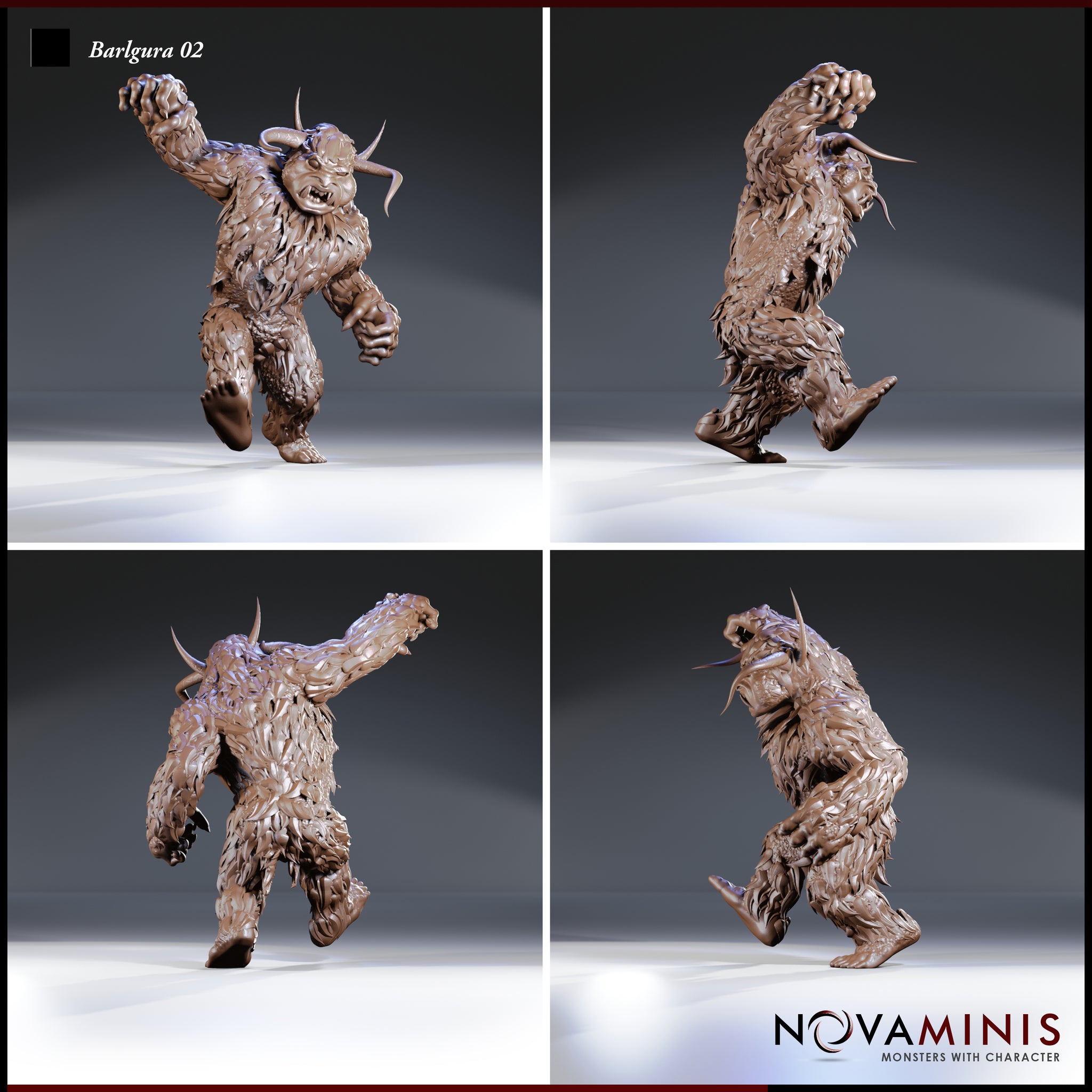 Barlgura demon shown from multiple angles — charging pose with raised clawed hand, dense fur texture across torso and legs, broad horned head with bared teeth. Sculpt by Novaminis.