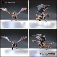 Adult Red Dragon 02 by Novaminis — four-angle composite showing the dragon from front, rear three-quarter, back-on, and low side profile, revealing the broad wingspan, muscular scaled torso, sweeping tail, and serrated-toothed open maw.