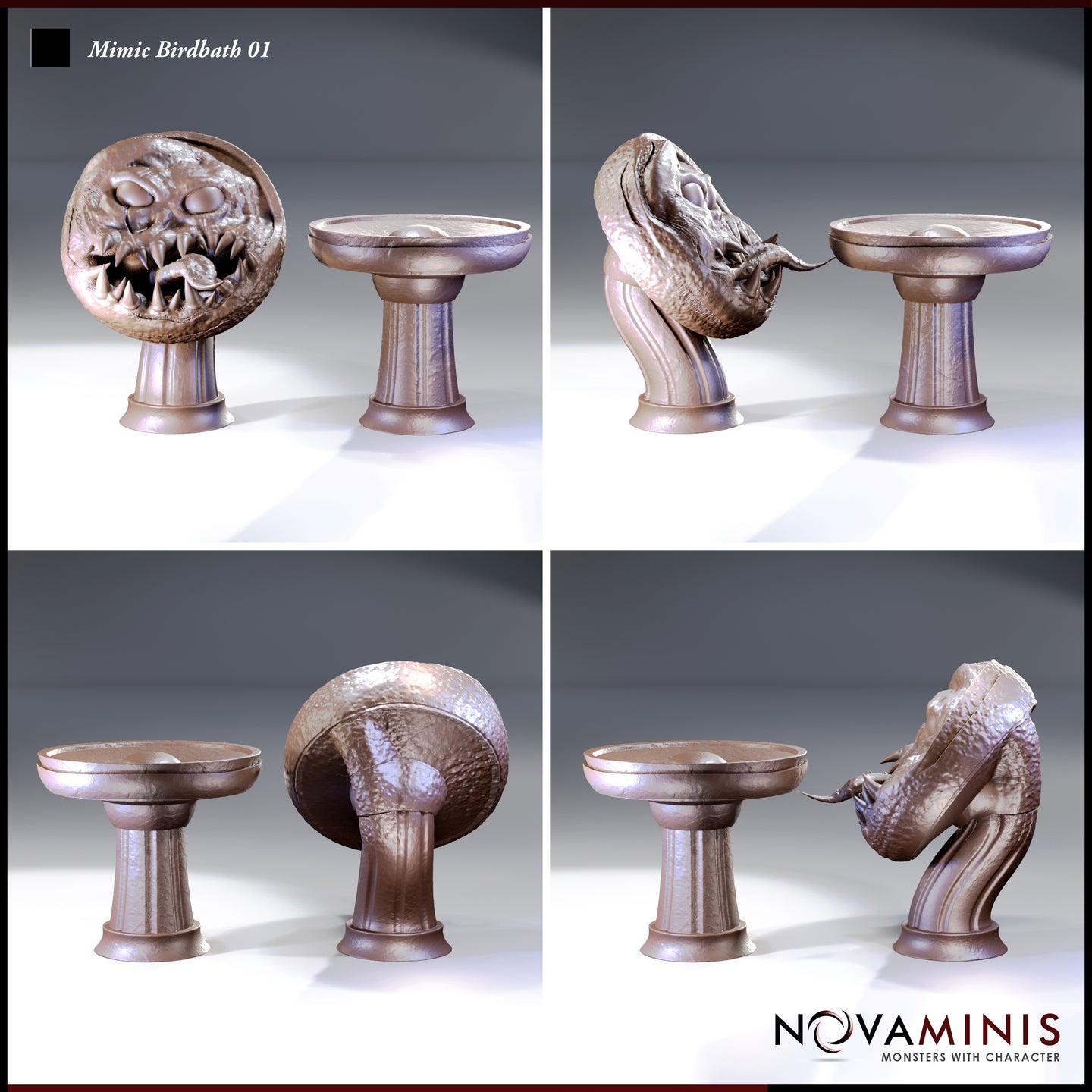Novaminis Mimic Birdbath 01: four angles of both sculpts — the round disc-bodied mimic lunging with open jaws and the calm birdbath form, showing the fleshy textured body and pedestal base from multiple perspectives.
