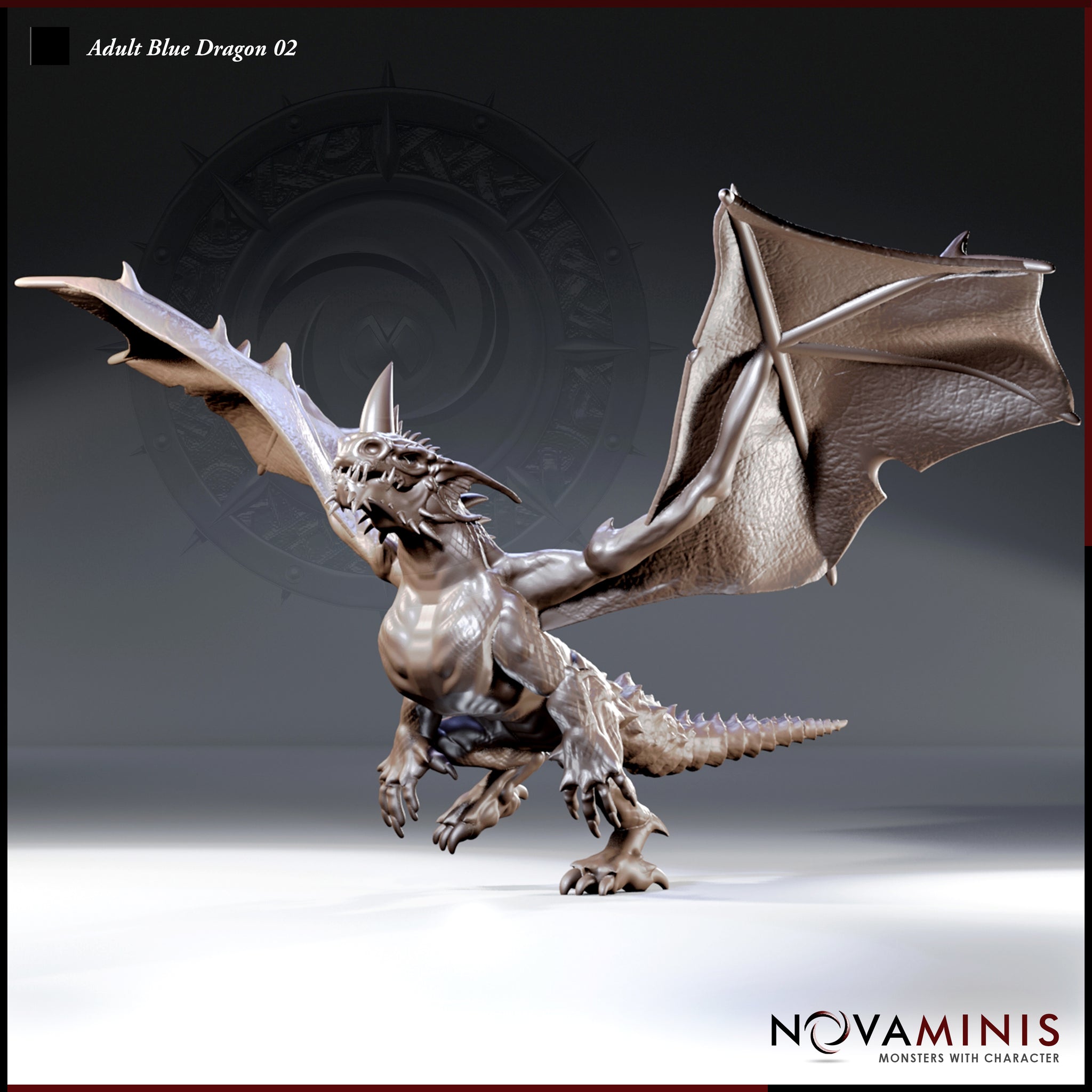 Adult Blue Dragon 02 by Novaminis — ferocious dragon rearing upright, wings spread wide, jaws open in a roar, claws braced forward, with a ridged spine-lined tail extending behind.