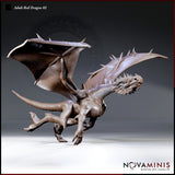 Adult Red Dragon 02 by Novaminis — lunging forward with claws raking downward, neck lowered and jaws open in a snarl, wings spread wide with visible membrane and spur details, ridge spines running from skull to tail tip.