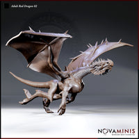 Adult Red Dragon 02 by Novaminis — lunging forward with claws raking downward, neck lowered and jaws open in a snarl, wings spread wide with visible membrane and spur details, ridge spines running from skull to tail tip.