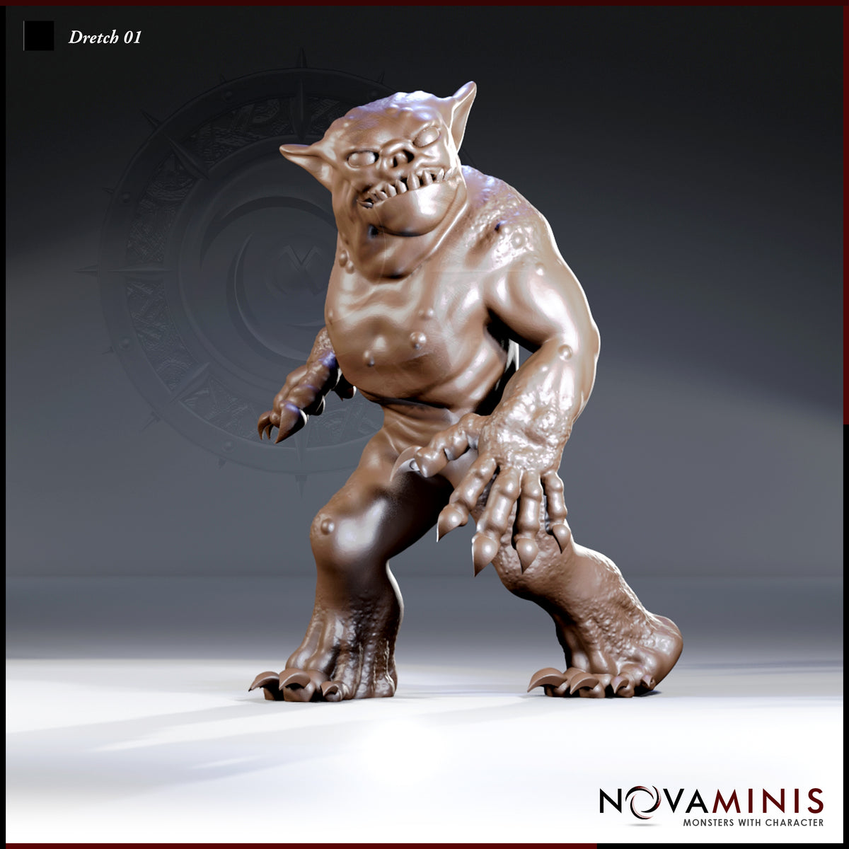 Dretch demon miniature by Novaminis — stocky, hunched creature leaning forward with clawed hands raised, jagged-toothed muzzle, pointed ears, warty lower legs and splayed clawed feet.