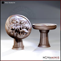 Novaminis Mimic Birdbath 01: two pieces shown side by side — a snarling round-bodied mimic with bulging eyestalks, gaping toothed maw and lolling tongue on a pedestal, beside an innocent-looking stone birdbath.