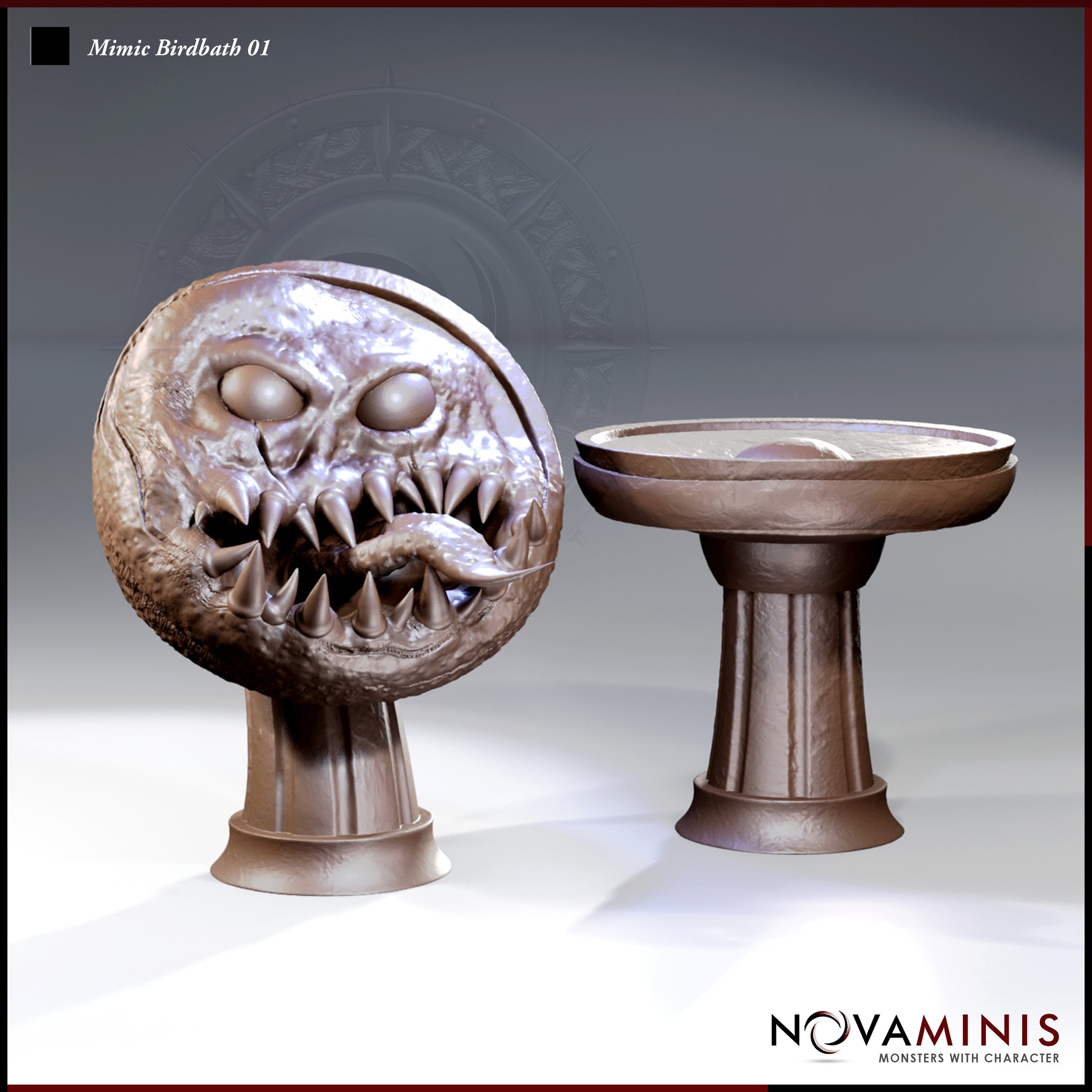 Novaminis Mimic Birdbath 01: two pieces shown side by side — a snarling round-bodied mimic with bulging eyestalks, gaping toothed maw and lolling tongue on a pedestal, beside an innocent-looking stone birdbath.