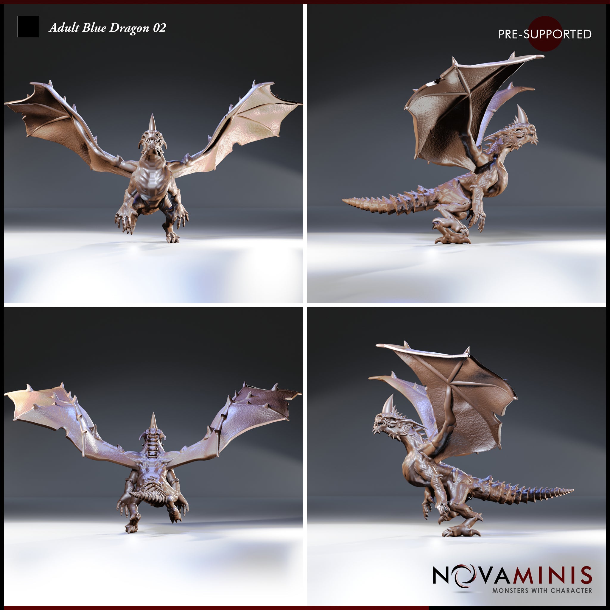 Adult Blue Dragon 02 by Novaminis — four-angle composite showing the dragon from front, rear, and both sides, highlighting the leathery wing membranes, bone spurs, horned head, and serrated tail detail.