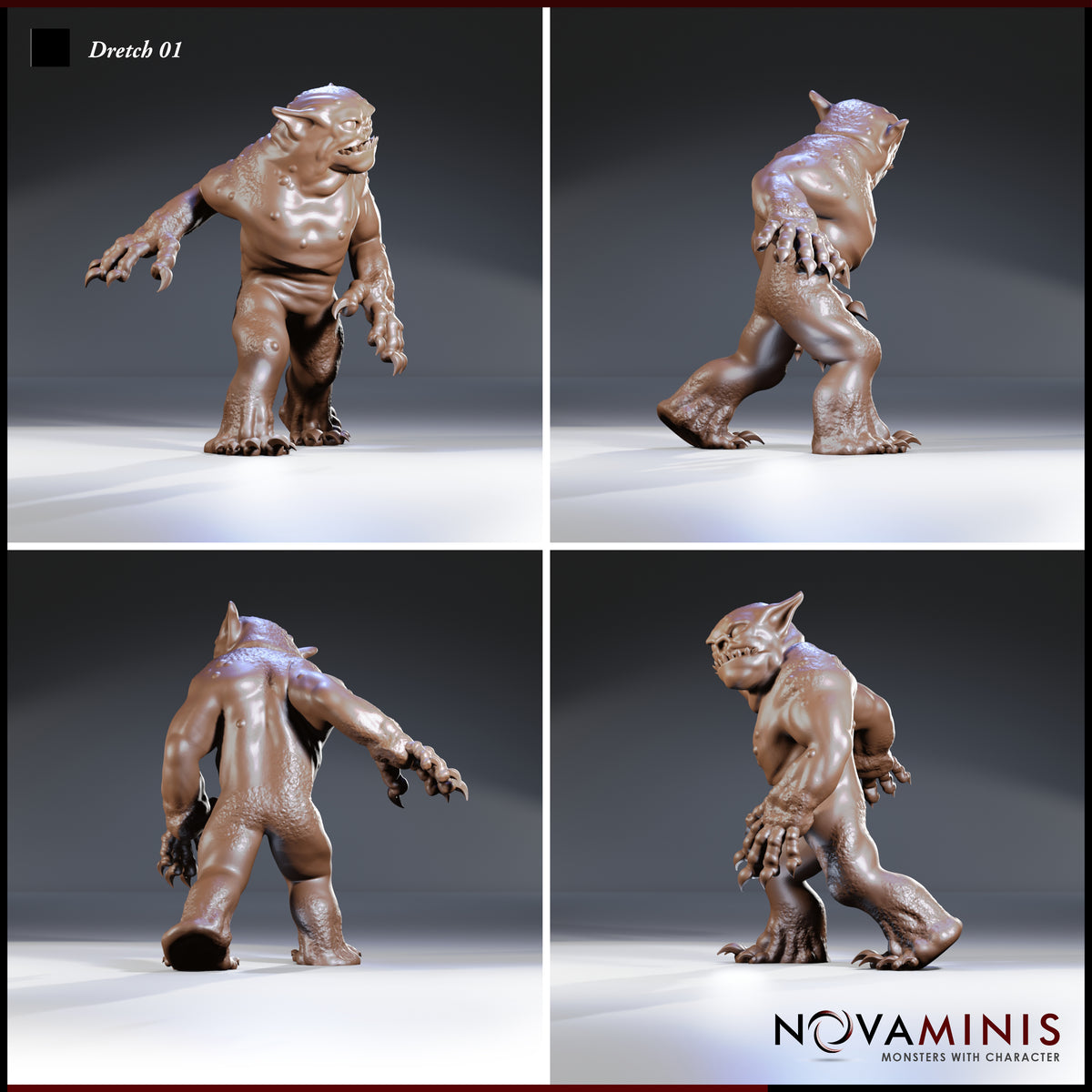 Dretch demon by Novaminis shown from four angles — front, side, rear, and three-quarter, revealing the broad clawed hands, textured warty skin on legs, blunt snout, and hunched muscular torso.