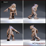Dretch demon by Novaminis shown from four angles — front, side, rear, and three-quarter, revealing the broad clawed hands, textured warty skin on legs, blunt snout, and hunched muscular torso.