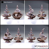 Four-panel render of a mimic fountain sculpt by Novaminis, showing the ornate tiered fountain and the revealed creature form from multiple angles — rows of jagged teeth, clawed appendages, and heavily textured hide visible throughout.