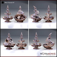 Four-panel render of a mimic fountain sculpt by Novaminis, showing the ornate tiered fountain and the revealed creature form from multiple angles — rows of jagged teeth, clawed appendages, and heavily textured hide visible throughout.