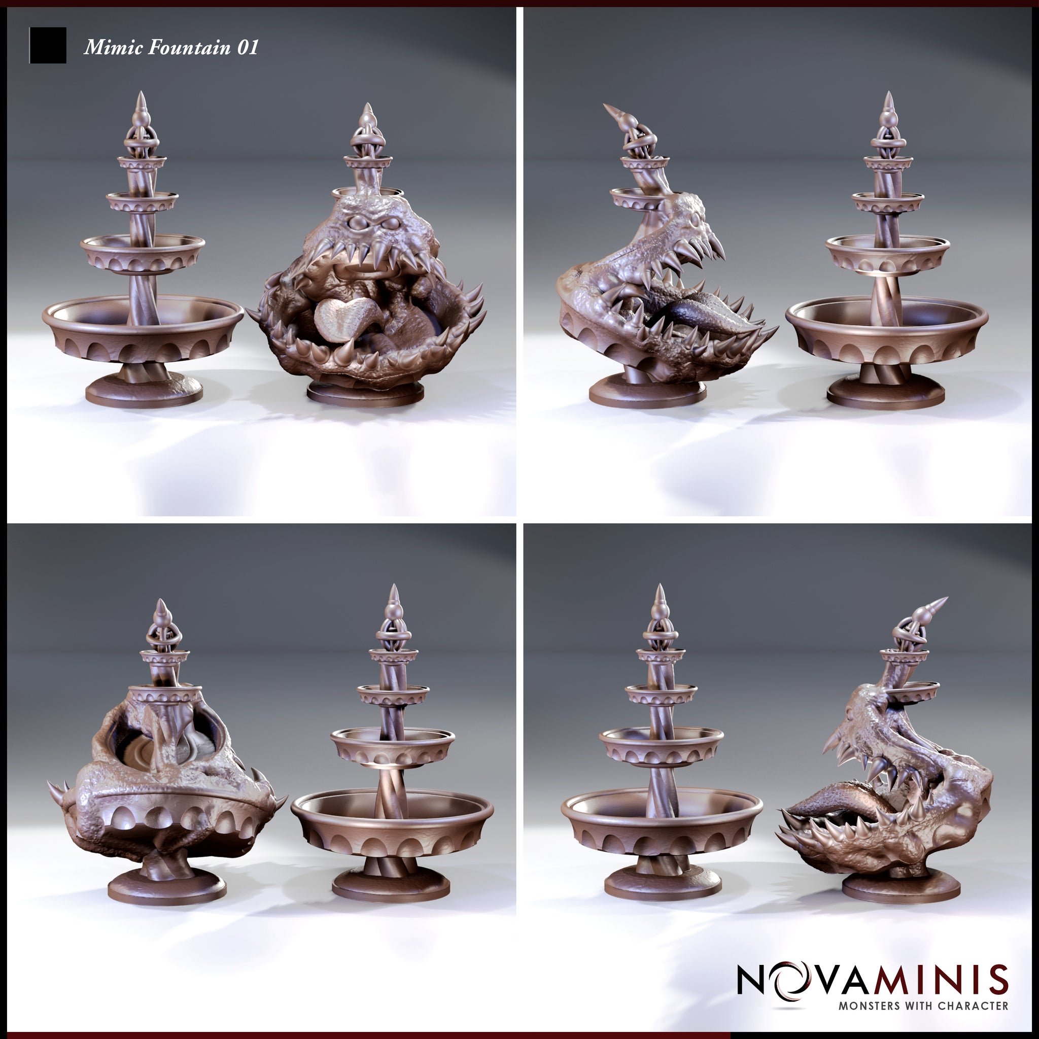 Four-panel render of a mimic fountain sculpt by Novaminis, showing the ornate tiered fountain and the revealed creature form from multiple angles — rows of jagged teeth, clawed appendages, and heavily textured hide visible throughout.