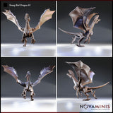Young red dragon shown from four angles: front, rear, left and right — wings outstretched, jaws agape, taloned feet gripping the ground. Sculpt by Novaminis.
