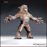 Dretch 02 by Novaminis — squat, broad-shouldered demon standing with arms flung wide, hands splayed open with thick curling claws, mouth agape in a wide snarl revealing jagged teeth.