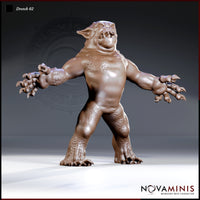 Dretch 02 by Novaminis — squat, broad-shouldered demon standing with arms flung wide, hands splayed open with thick curling claws, mouth agape in a wide snarl revealing jagged teeth.