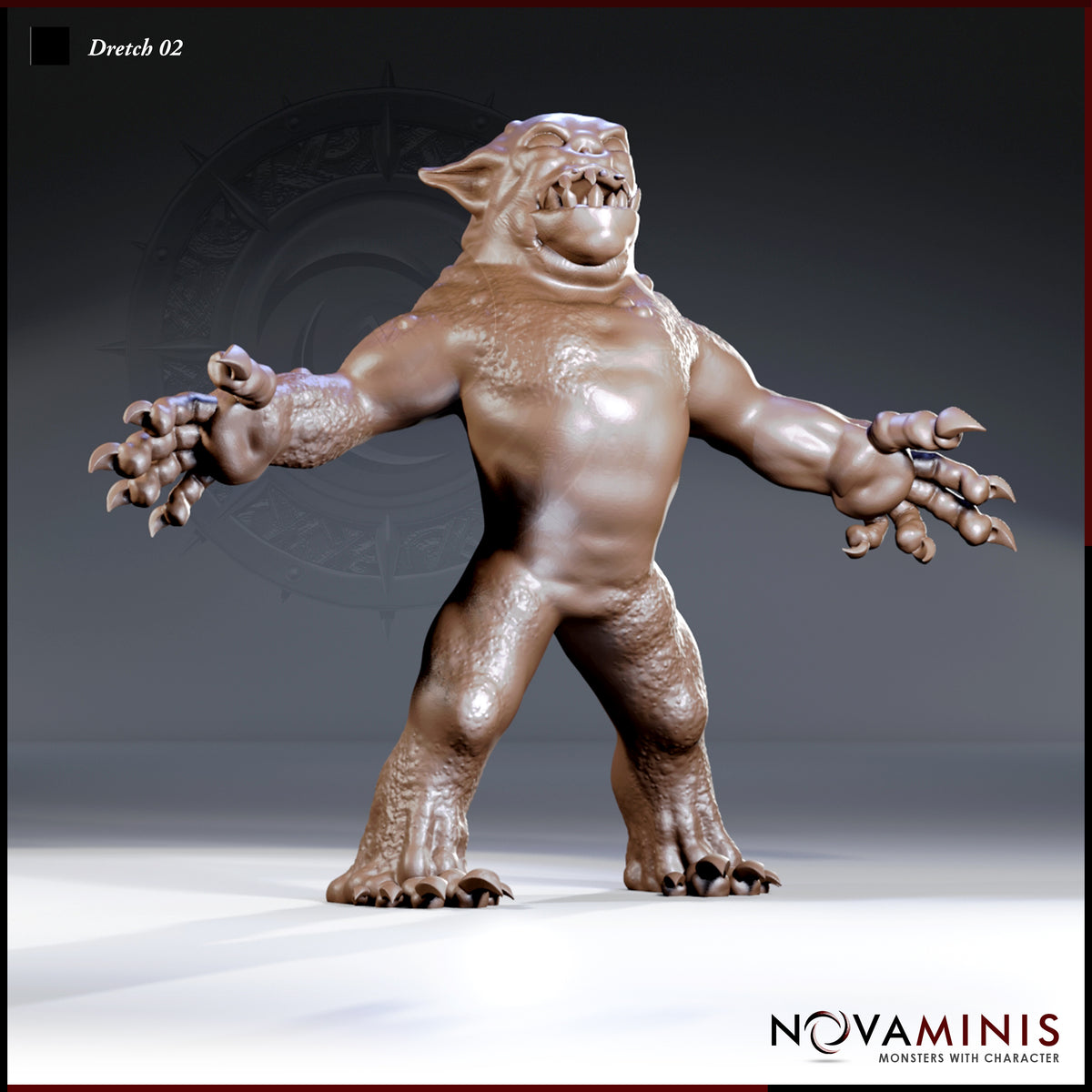 Dretch 02 by Novaminis — squat, broad-shouldered demon standing with arms flung wide, hands splayed open with thick curling claws, mouth agape in a wide snarl revealing jagged teeth.
