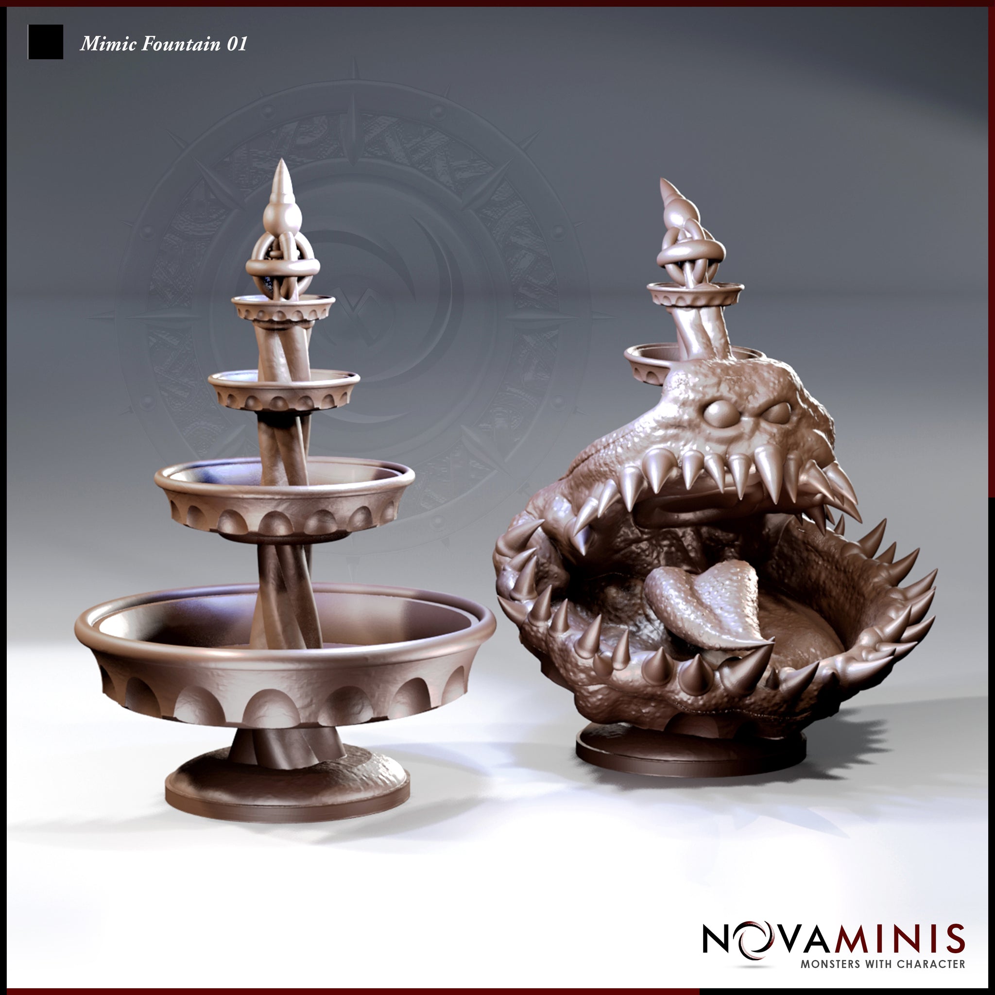 Two resin sculpts side by side: a clean three-tiered stone fountain with finial spire, and a gaping mimic creature with wide fang-lined jaws, lolling tongue, and spine-covered body gripping a basin. Sculpt by Novaminis.
