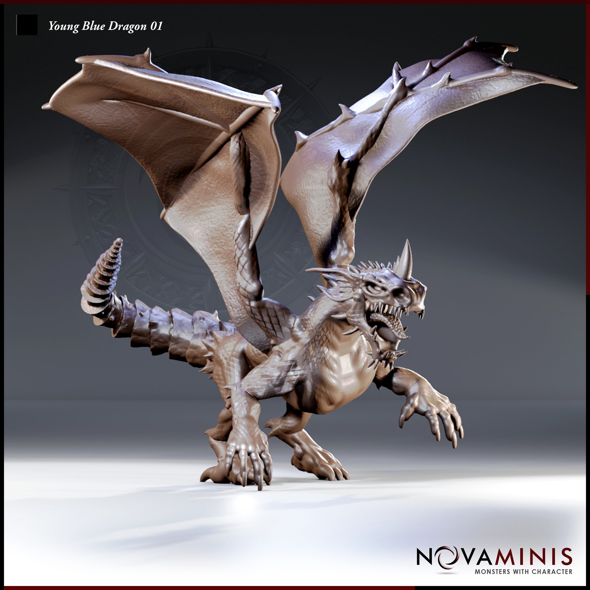 Young Blue Dragon miniature by Novaminis — lunging pose with wings fully spread, jaws open and snarling, forelegs outstretched with claws splayed, segmented tail with dorsal spines curling behind.