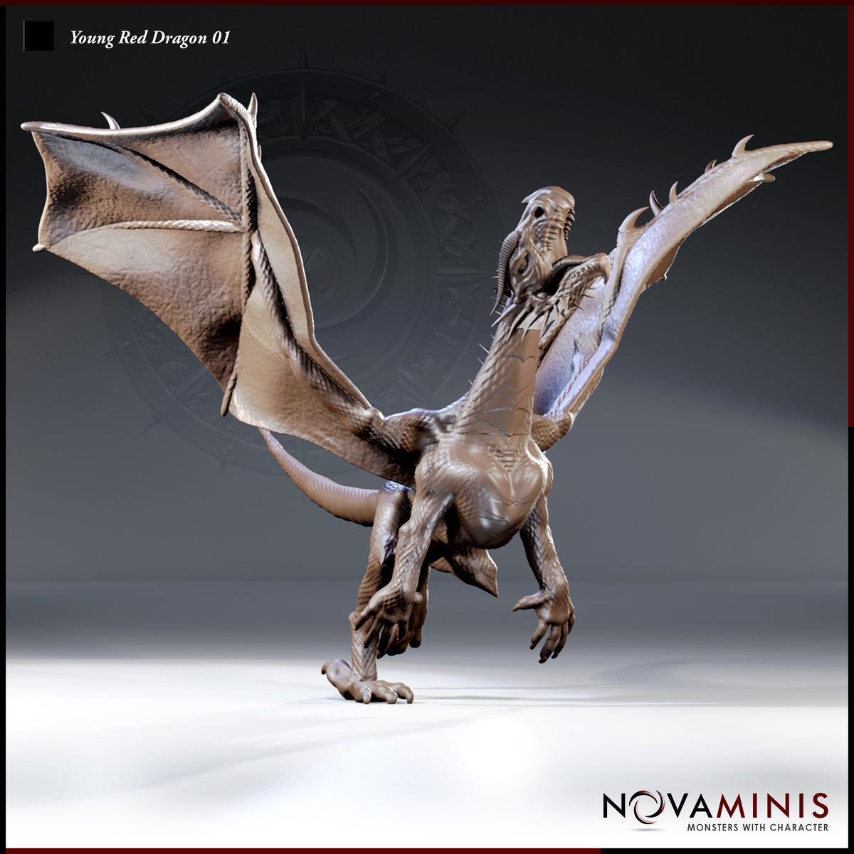 Young red dragon rearing on hind legs, wings fully spread, jaws open wide, forelimbs raised with splayed claws — heavily scaled body with ridged spine. Sculpt by Novaminis.