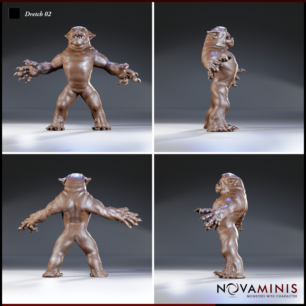 Dretch 02 by Novaminis shown from four angles — arms outstretched with clawed hands, warty textured skin across the back and legs, blunt snout and rounded ears visible from the side and rear.