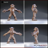 Dretch 02 by Novaminis shown from four angles — arms outstretched with clawed hands, warty textured skin across the back and legs, blunt snout and rounded ears visible from the side and rear.