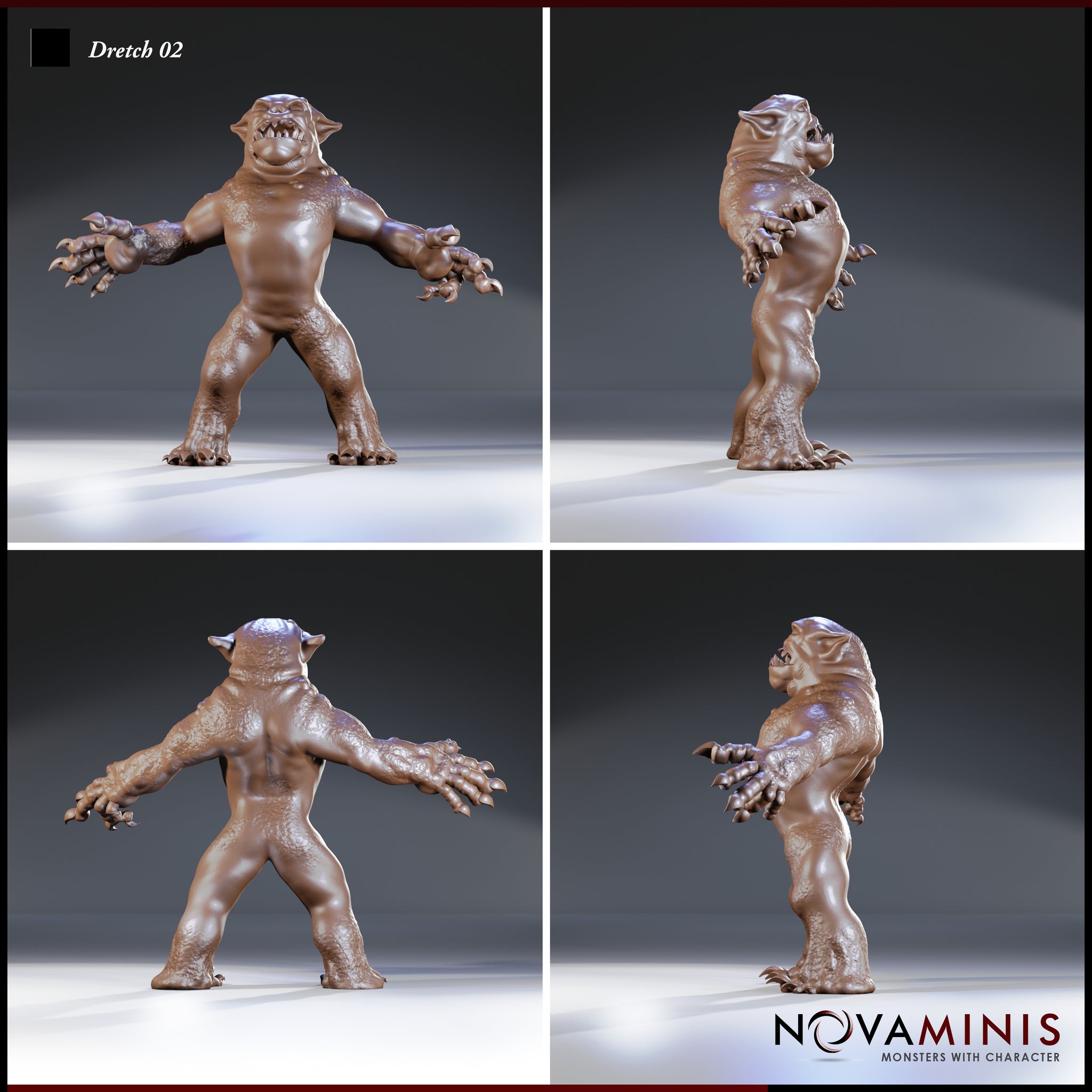 Dretch 02 by Novaminis shown from four angles — arms outstretched with clawed hands, warty textured skin across the back and legs, blunt snout and rounded ears visible from the side and rear.