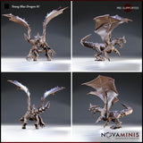 Young Blue Dragon by Novaminis shown from four angles — wings raised, muscular chest forward, brow-ridged snarling head lowered, ridged tail and leathery wing membranes visible from multiple sides.