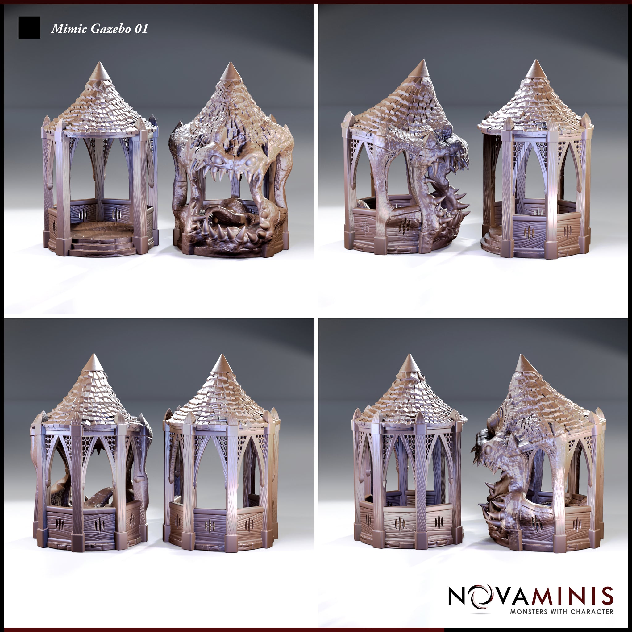 Novaminis Mimic Gazebo in revealed state shown split into two halves, exposing the cavernous tooth-lined interior and chitinous hide roof, displayed alongside the closed hidden-state gazebo with ornate wooden columns.