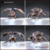 Young Red Dragon 02 by Novaminis — four angles showing fanned cranial spines, taut leathery wing membranes with hooked spur edges, powerful haunches, and fully rendered curved talons gripping the ground.